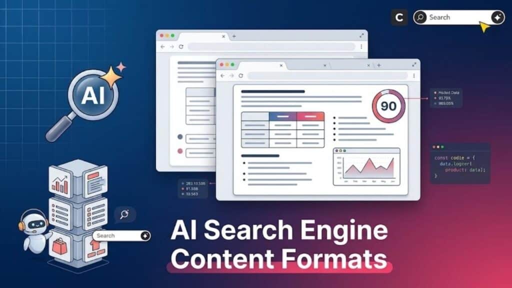 A visualization of optimal AI search engine content formats, including data tables, graphs, and structured lists on web pages, marked with a quality score