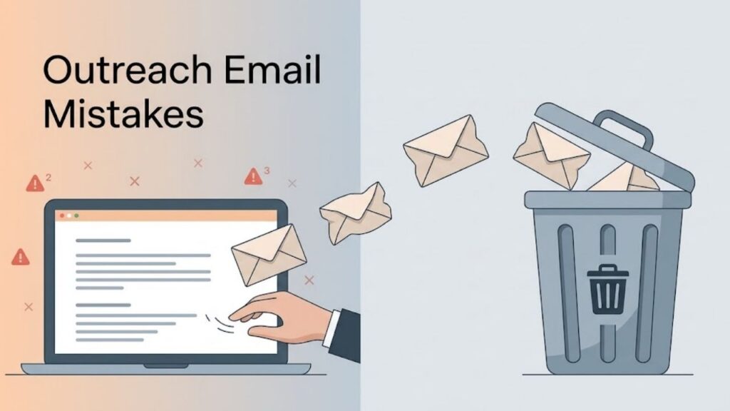 Outreach email mistakes infographic: emails flying from a laptop into a trash can.