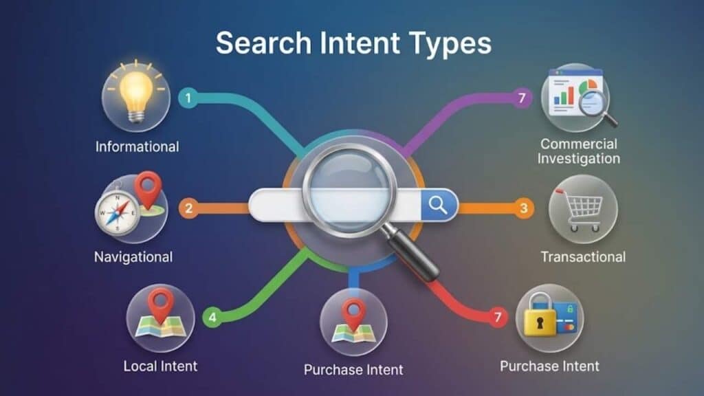 An infographic illustrating seven common Search Intent Types: Informational, Navigational, Local, Commercial Investigation, Transactional, and two Purchase Intents