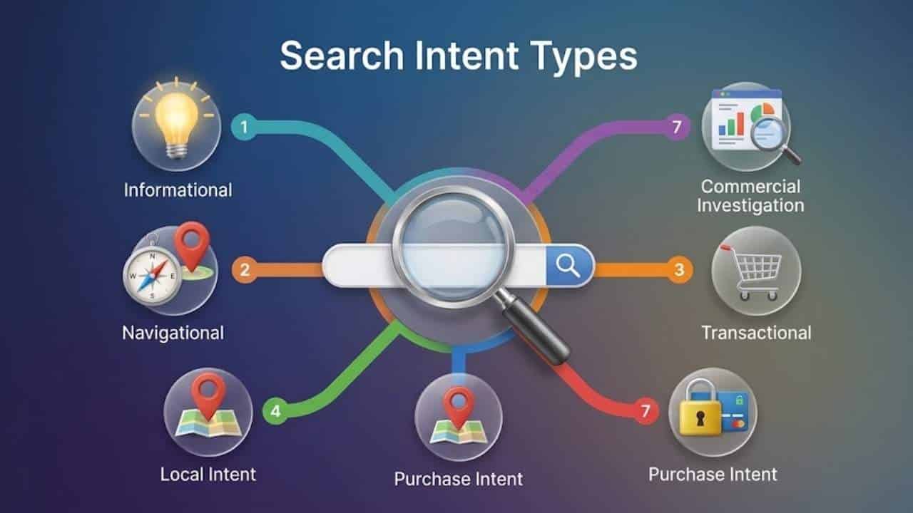 An infographic illustrating seven common Search Intent Types: Informational, Navigational, Local, Commercial Investigation, Transactional, and two Purchase Intents