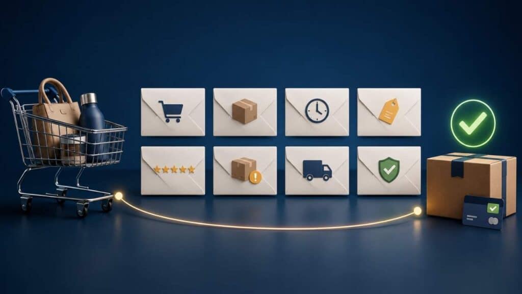 Cart abandonment emails infographic showing the sequence from an full shopping cart to completed purchase.