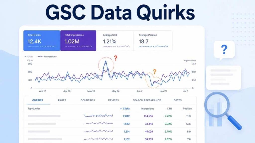 GSC Data Quirks graphic showing Search Console metrics, traffic trends, and unusual performance fluctuations.