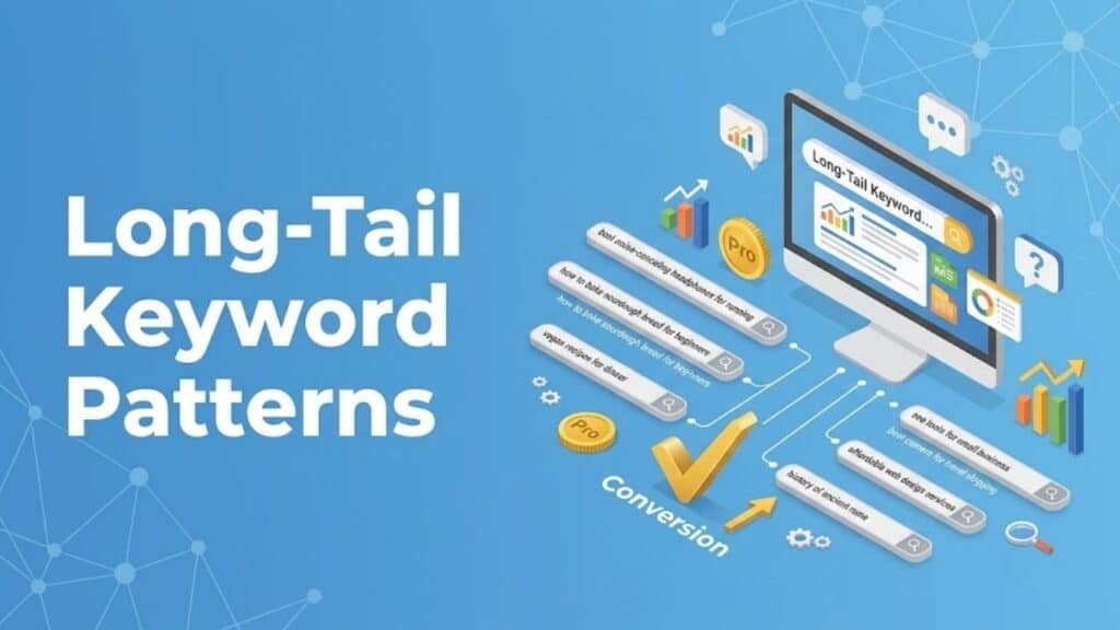 An isometric infographic on a blue background displaying a computer with charts and multiple search bars with long-tail keywords leading to a conversion symbol