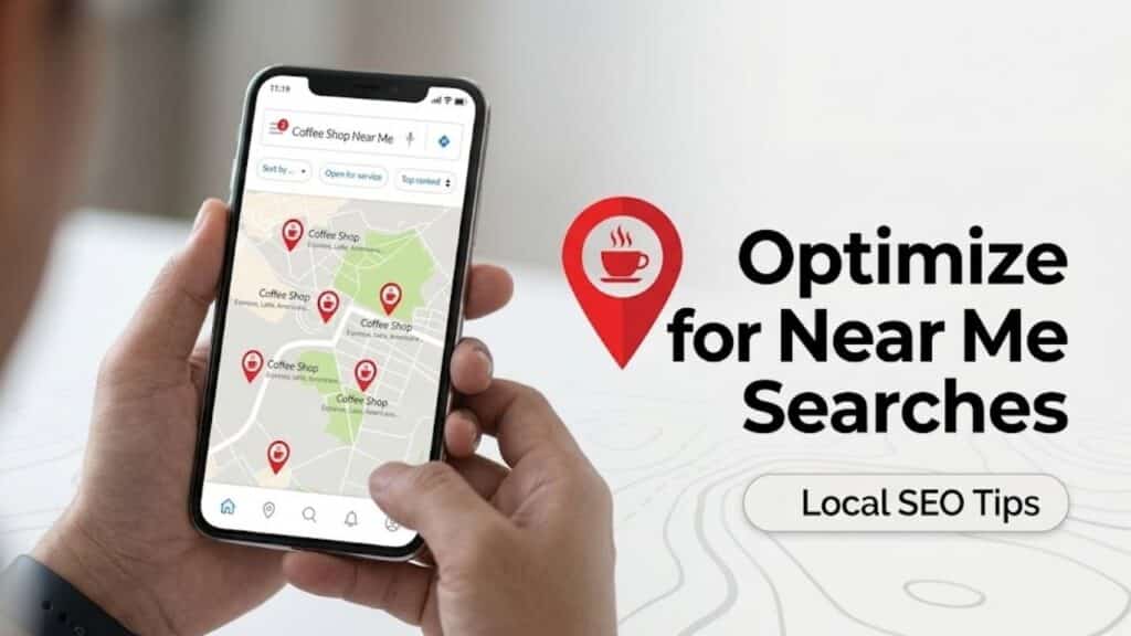 Optimize for Near Me Searches diagram showing a mobile map and Local SEO tips