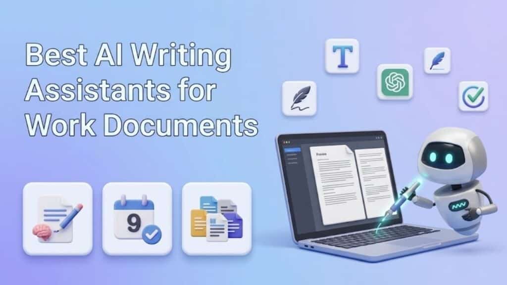 Best AI Writing Assistants for Work Documents feature image with a robot using a laptop and various task icons.