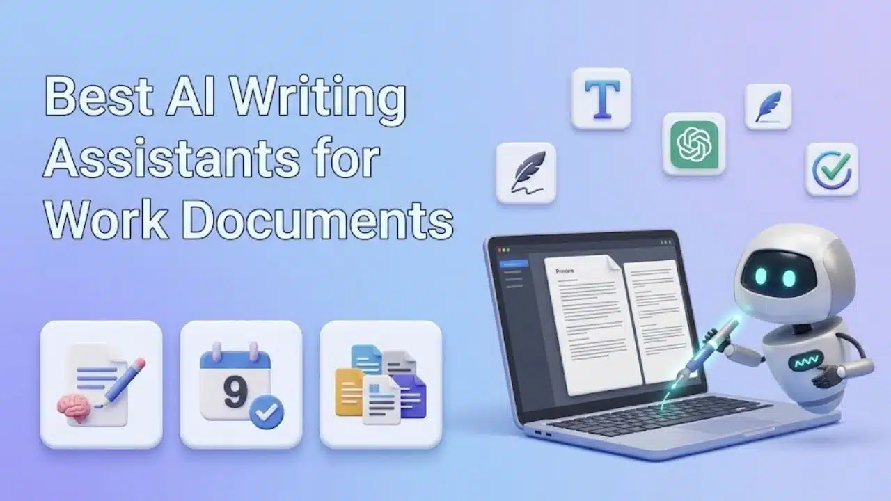 Best AI Writing Assistants for Work Documents feature image with a robot using a laptop and various task icons.