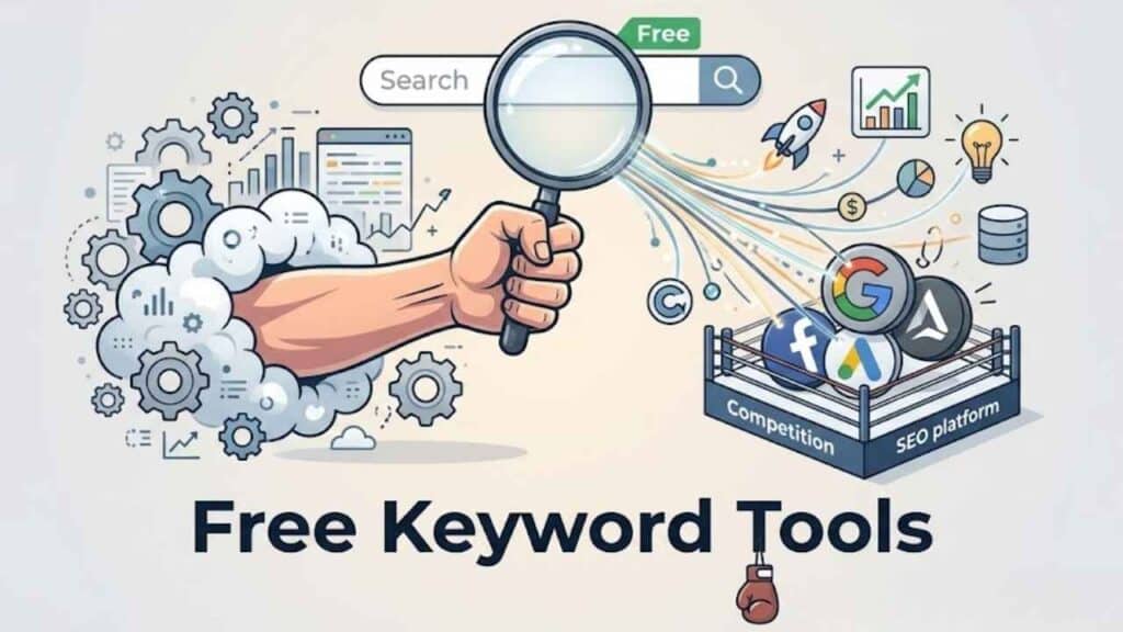 A hand holding a magnifying glass over digital icons representing free keyword tools and SEO competition