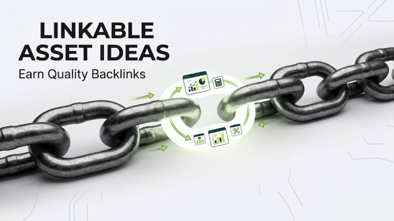 Visual guide of high-performing linkable asset types for an effective link building strategy to earn authoritative backlinks.