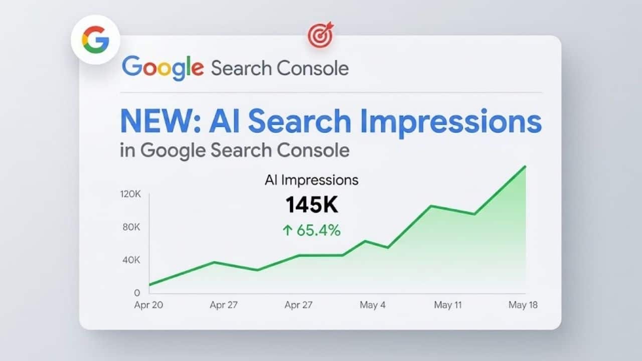 Search Console Reports dashboard showing rising AI search impressions and weekly visibility trends