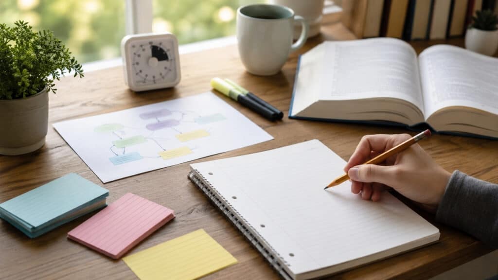 Active recall techniques shown through flashcards, a blank notebook, concept mapping, and timed study tools that help students practice memory retrieval.