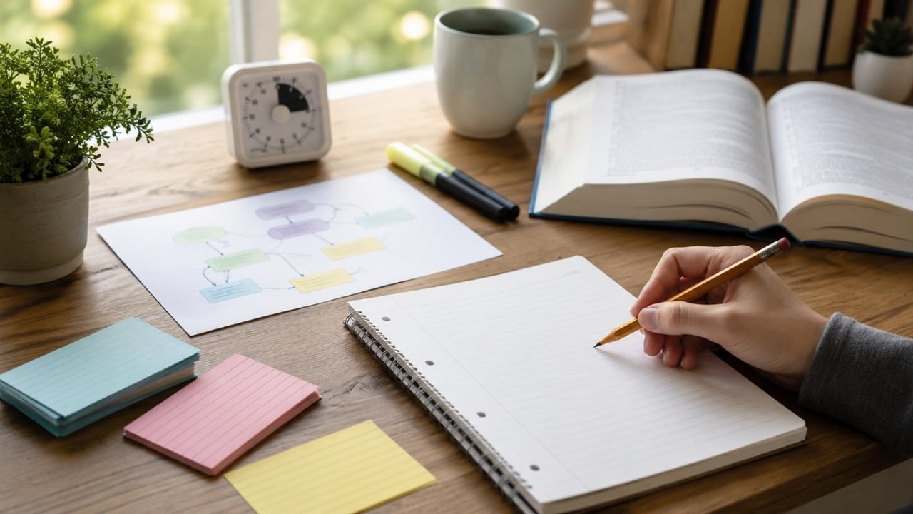 Active recall techniques shown through flashcards, a blank notebook, concept mapping, and timed study tools that help students practice memory retrieval.