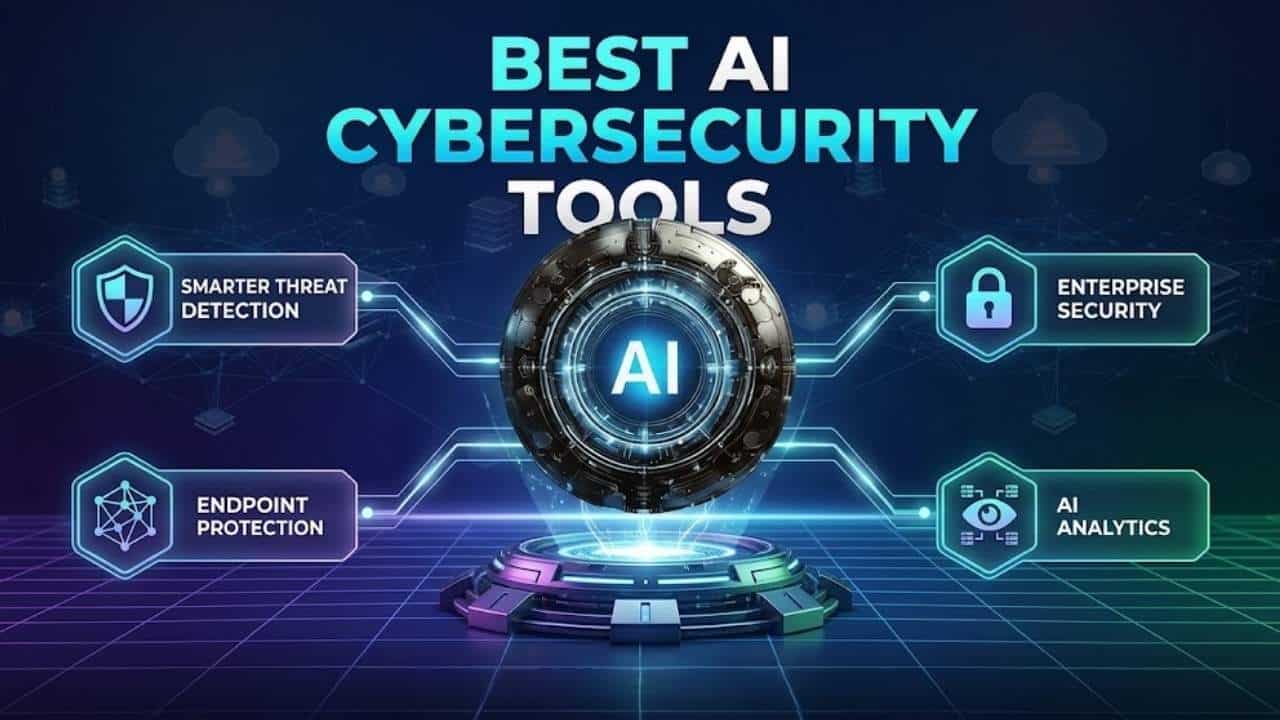 Best AI cybersecurity tools for smarter threat detection, endpoint protection, enterprise security, and AI analytics in a futuristic digital security graphic