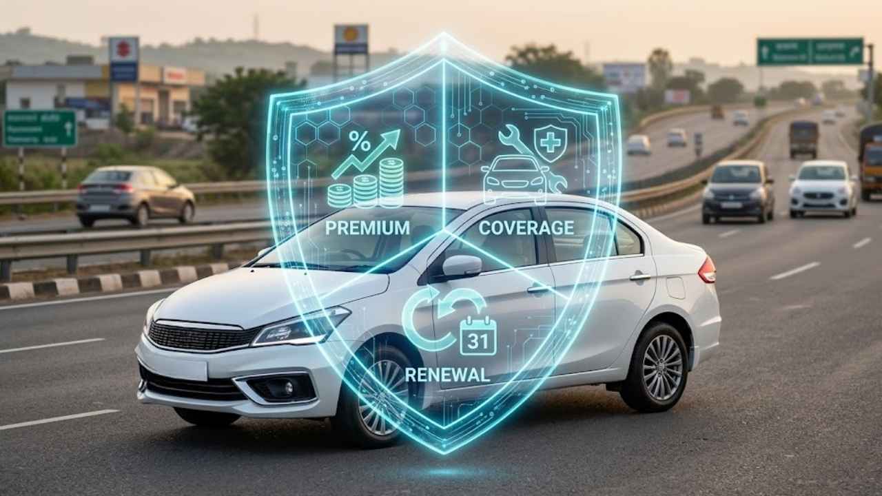 A white Car driving on an Indian highway with a glowing digital shield displaying premium, coverage, and renewal icons, representing car insurance in India.