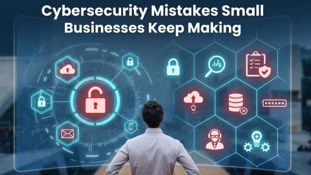 A man looks at a screen displaying various digital icons illustrating common cybersecurity mistakes small businesses keep making.