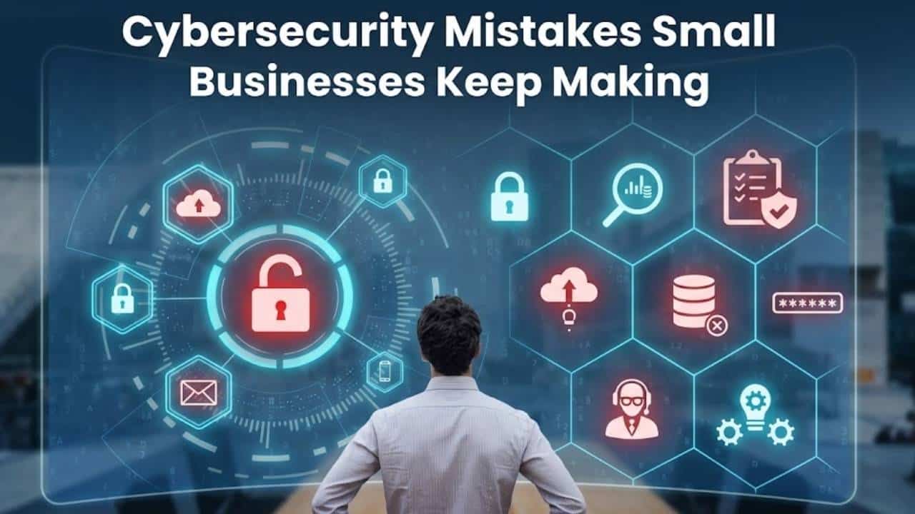 A man looks at a screen displaying various digital icons illustrating common cybersecurity mistakes small businesses keep making.