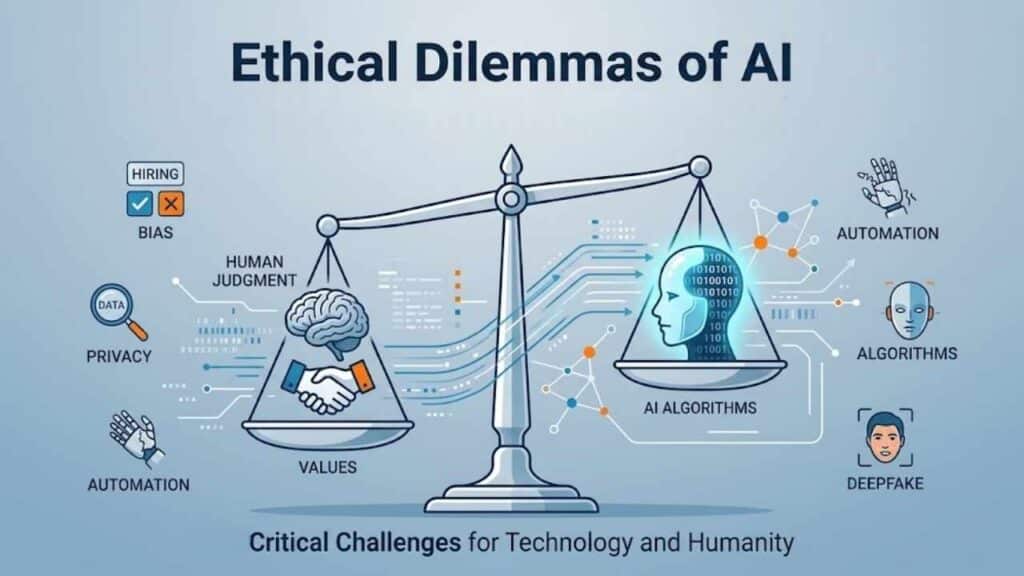 Ethical Dilemmas of AI: illustration showing AI ethics, algorithmic bias, data privacy, automation, human judgment, values, deepfakes, and the challenges AI creates for technology and humanity
