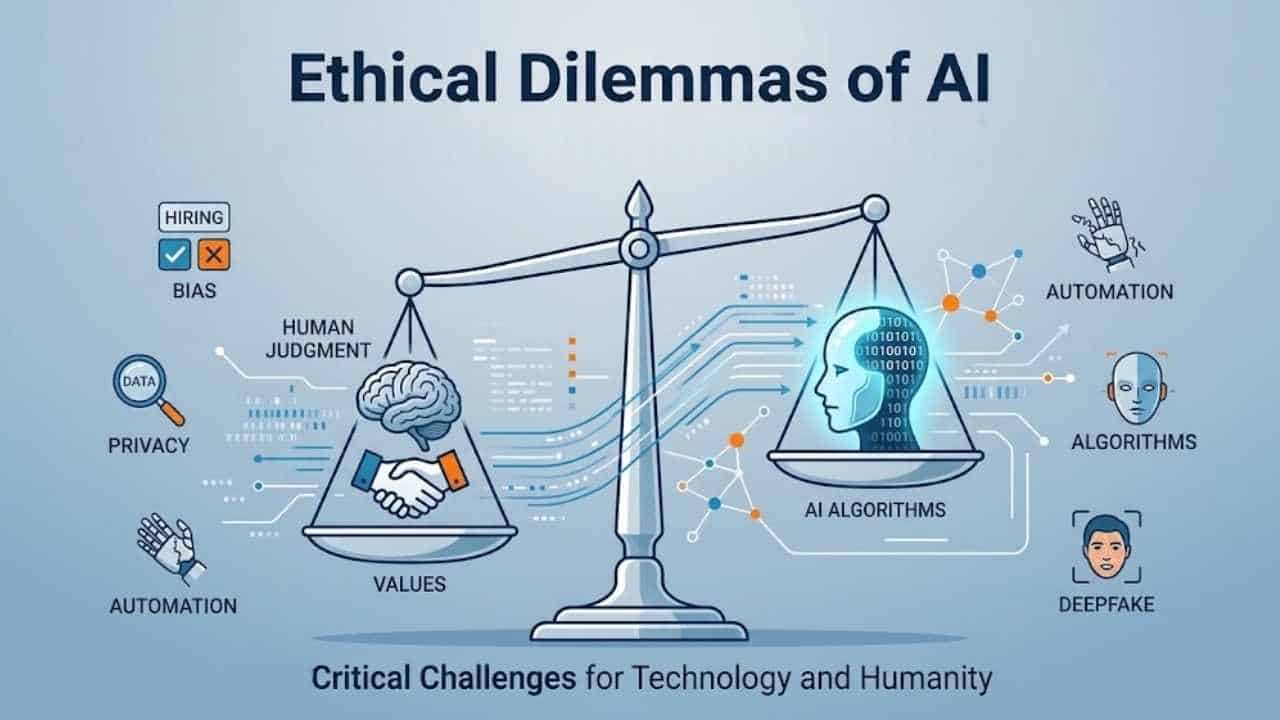Ethical Dilemmas of AI: illustration showing AI ethics, algorithmic bias, data privacy, automation, human judgment, values, deepfakes, and the challenges AI creates for technology and humanity