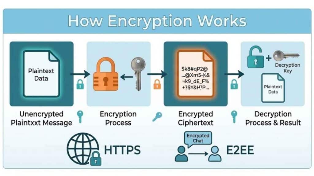 How Encryption Works infographic showing plaintext data being encrypted into ciphertext and then decrypted, with HTTPS and end-to-end encryption examples.
