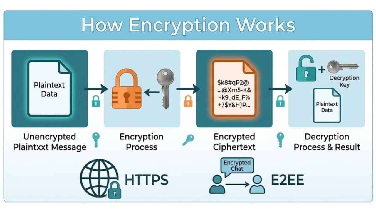 How Encryption Works infographic showing plaintext data being encrypted into ciphertext and then decrypted, with HTTPS and end-to-end encryption examples.