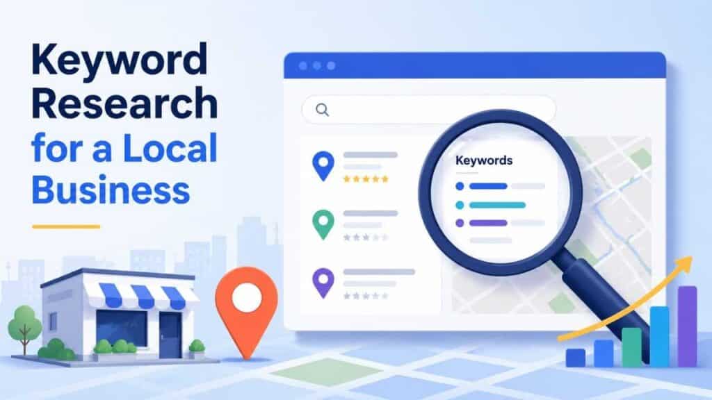 How to Do Keyword Research for a Local Business graphic showing local search results, location pins, keyword analysis, and growth insights