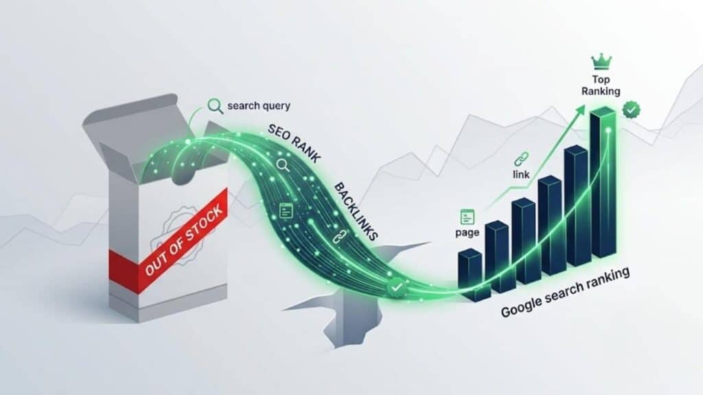 Visual illustration for Out of Stock Pages SEO showing a glowing green stream of rank equity and backlinks bridging an out-of-stock product box to a rising Google search ranking chart.