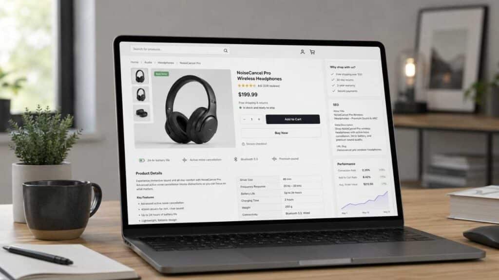E-commerce product page optimization guide showing metadata, product descriptions, and performance charts on a laptop screen.