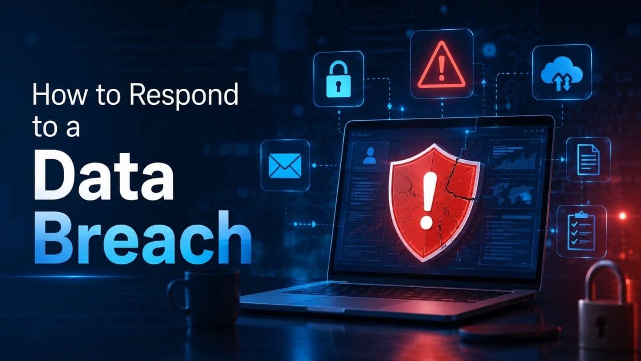 How to Respond to a Data Breach with a warning shield and cybersecurity response icons.