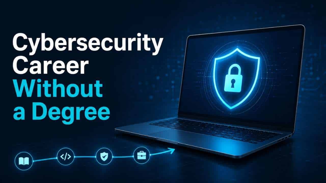 Cybersecurity career without a degree illustrated with a laptop, security shield, coding, learning, and job progression icons.