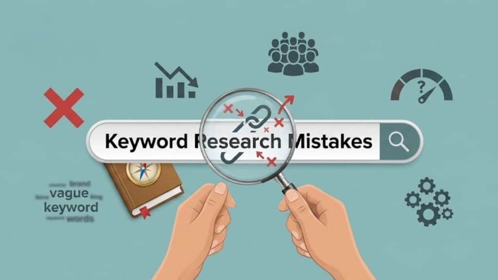 A search bar with text that says 'Keyword Research Mistakes' being inspected by a magnifying glass surrounded by symbols of failure