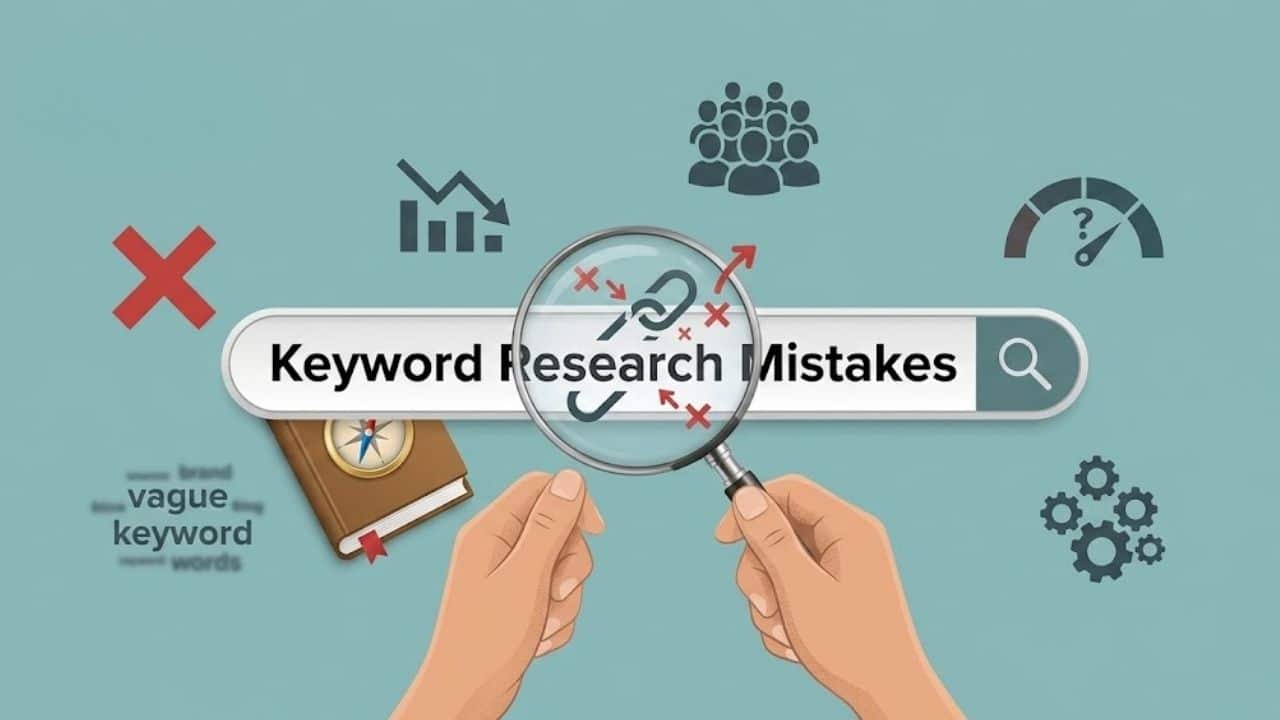 A search bar with text that says 'Keyword Research Mistakes' being inspected by a magnifying glass surrounded by symbols of failure