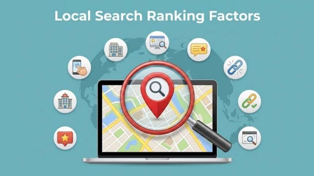 Local Search Ranking Factors diagram showing a digital map and optimization icons for local SEO