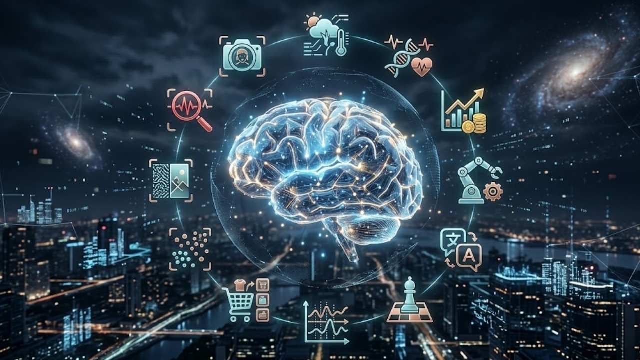 Infographic showing a glowing neural network brain surrounded by various machine learning project ideas like chatbots, image classification, and fraud detection