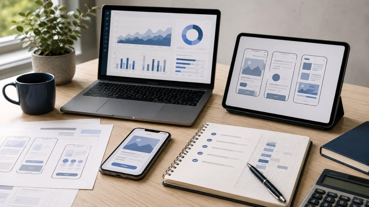 Mobile app for your business planning shown with app wireframes, performance analytics, budgeting notes, and multiple devices used to evaluate development decisions.
