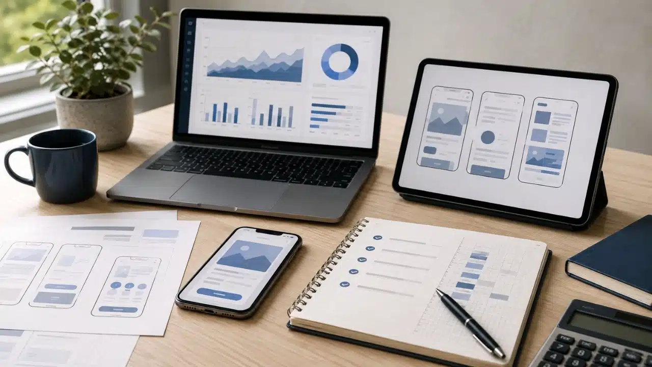 Mobile app for your business planning shown with app wireframes, performance analytics, budgeting notes, and multiple devices used to evaluate development decisions.