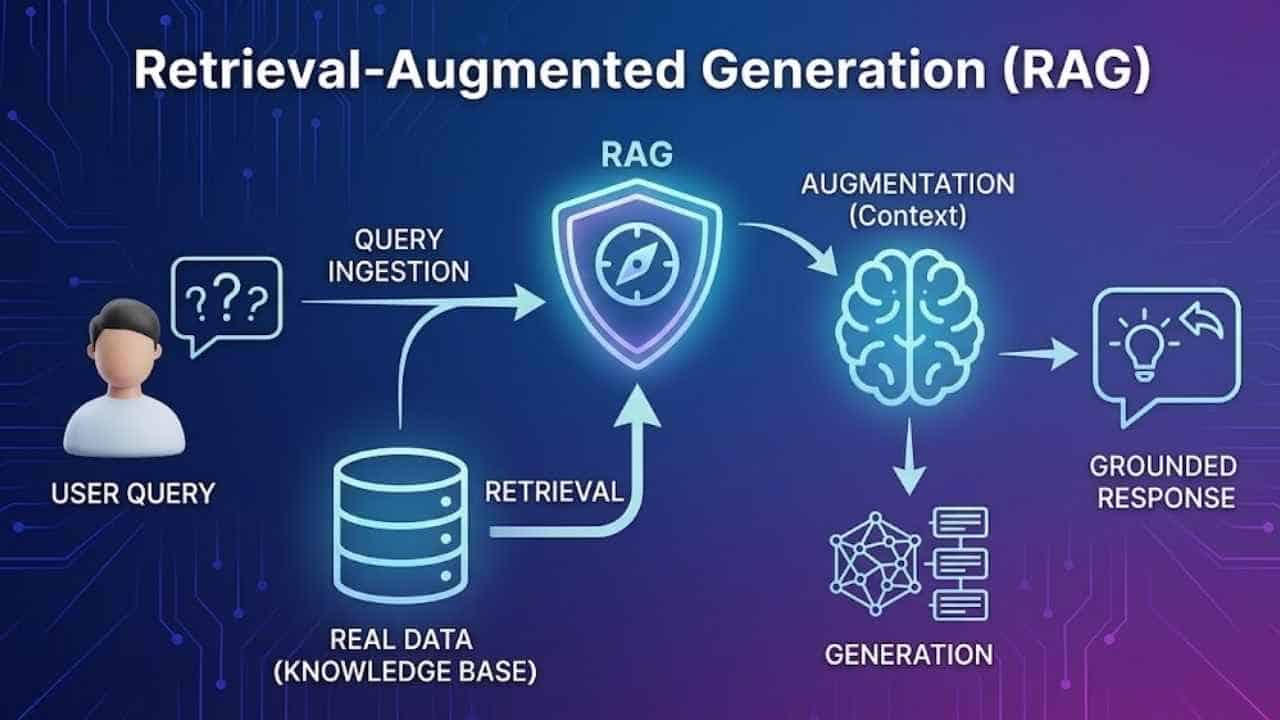 Infographic illustrating the Retrieval-Augmented Generation (RAG) process for AI, showing data retrieval, context augmentation, and generation for a grounded response.