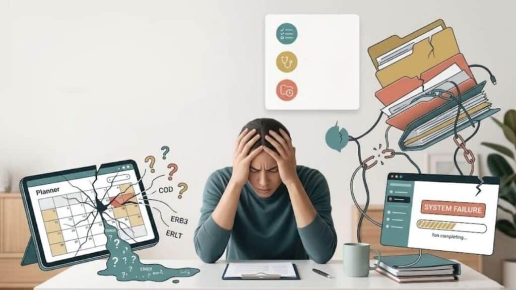 An overwhelmed person surrounded by broken digital tools and disorganized files, illustrating clear signs your productivity system is failing, such as organization overload, tool hopping, and endless reprioritizing