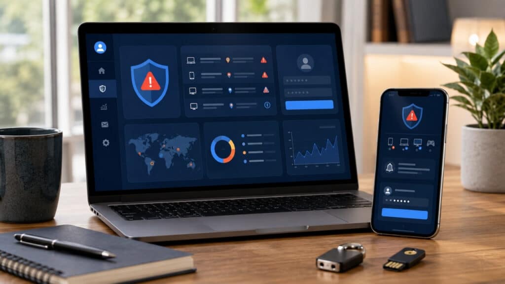 Signs of a compromised account shown on a laptop and phone with security alerts, suspicious login activity, and account protection tools to help readers recognize warning signals early.