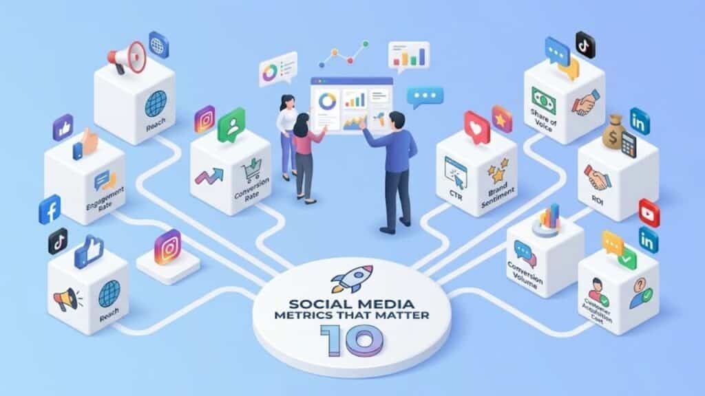 Diagram of 10 essential social media metrics that matter for digital marketing strategy and analytics