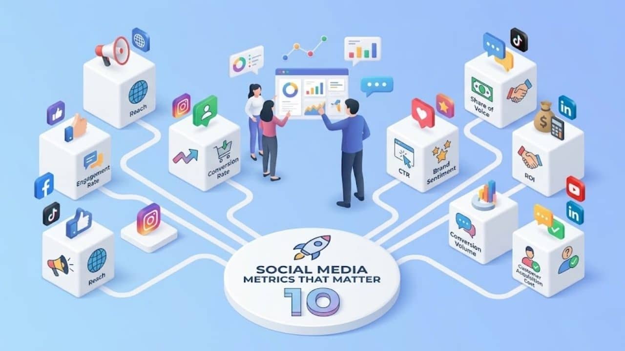 Diagram of 10 essential social media metrics that matter for digital marketing strategy and analytics