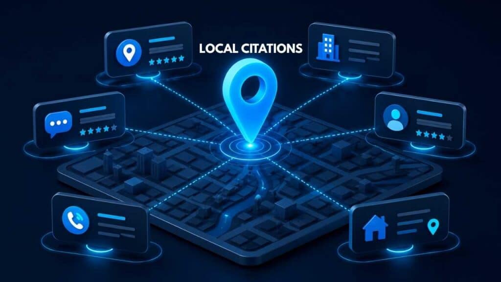 Interactive 3D map interface showing a glowing central pin marker connected to business directory cards, illustrating how local citations link business location data across online platforms.