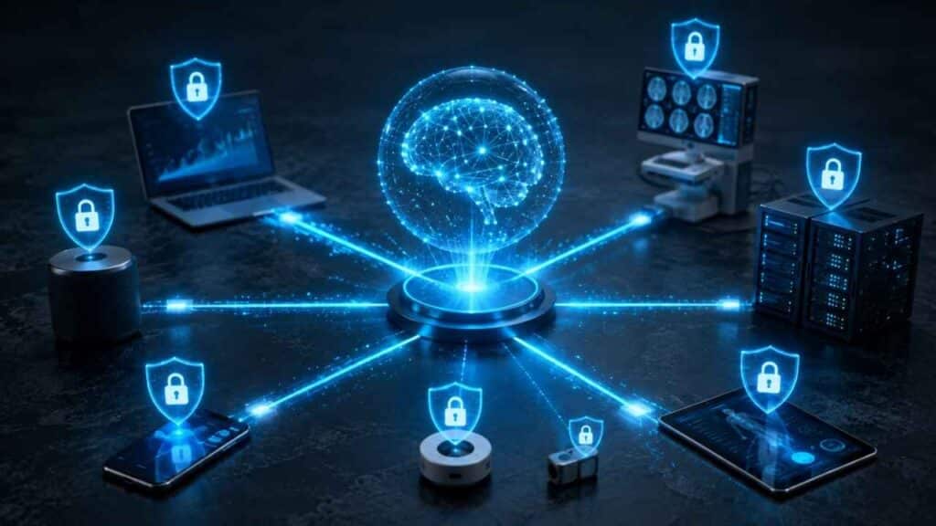 Decentralized network diagram illustrating federated learning with a glowing central AI brain model connected to protected edge devices and servers secured by padlock shields.