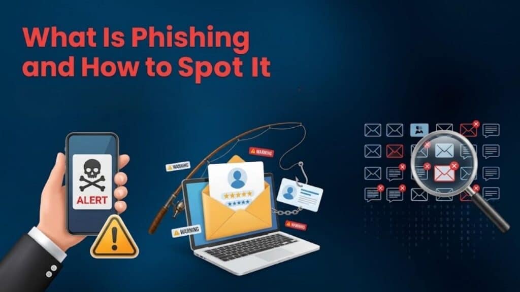 What is phishing and how to spot it illustration showing a phone alert, fake login email, phishing hook, and suspicious messages under inspection