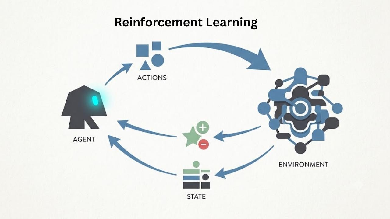 What Is Reinforcement Learning diagram showing an agent choosing actions, interacting with an environment, and receiving state and reward feedback.