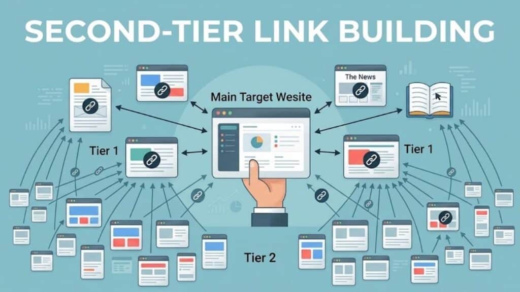 Diagram illustrating second-tier link building: Tier 2 sites link to Tier 1 properties, which then link to the main target website