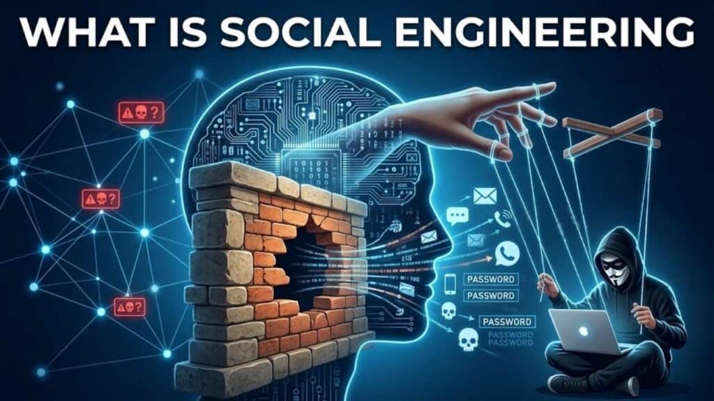 An infographic on social engineering showing a hacker in a hoodie manipulating human behavior via puppet strings to bypass technical security and steal passwords