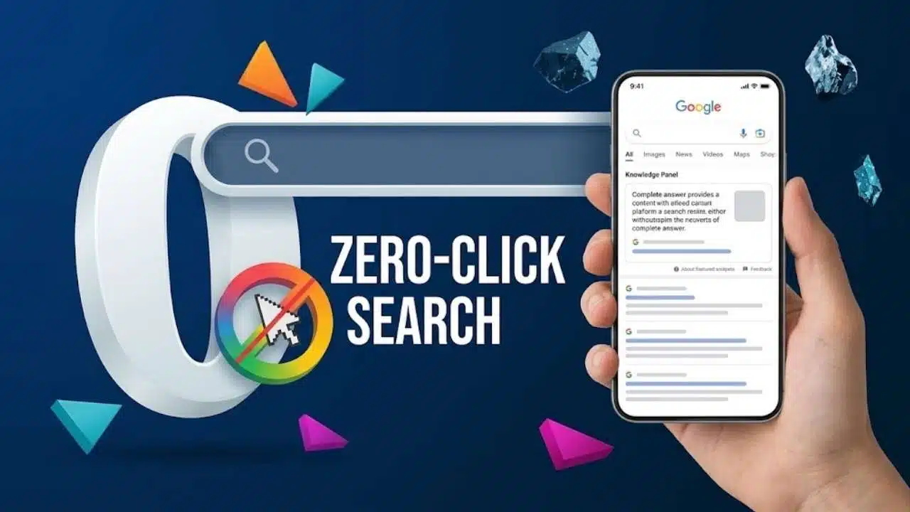 An illustration titled "Zero-Click Search" showing a hand holding a smartphone with a Google search result featuring a Knowledge Panel answer