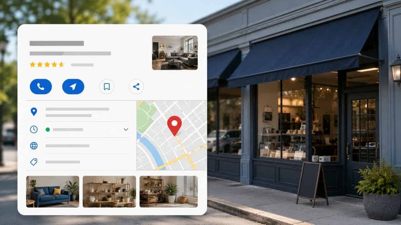 Digital Google Business Profile interface displaying reviews, location map, and photos superimposed over a physical storefront.