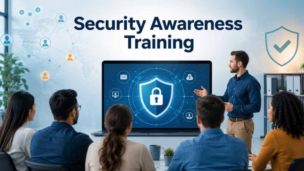 Security Awareness Training session showing employees learning cybersecurity practices with a digital shield and lock display.