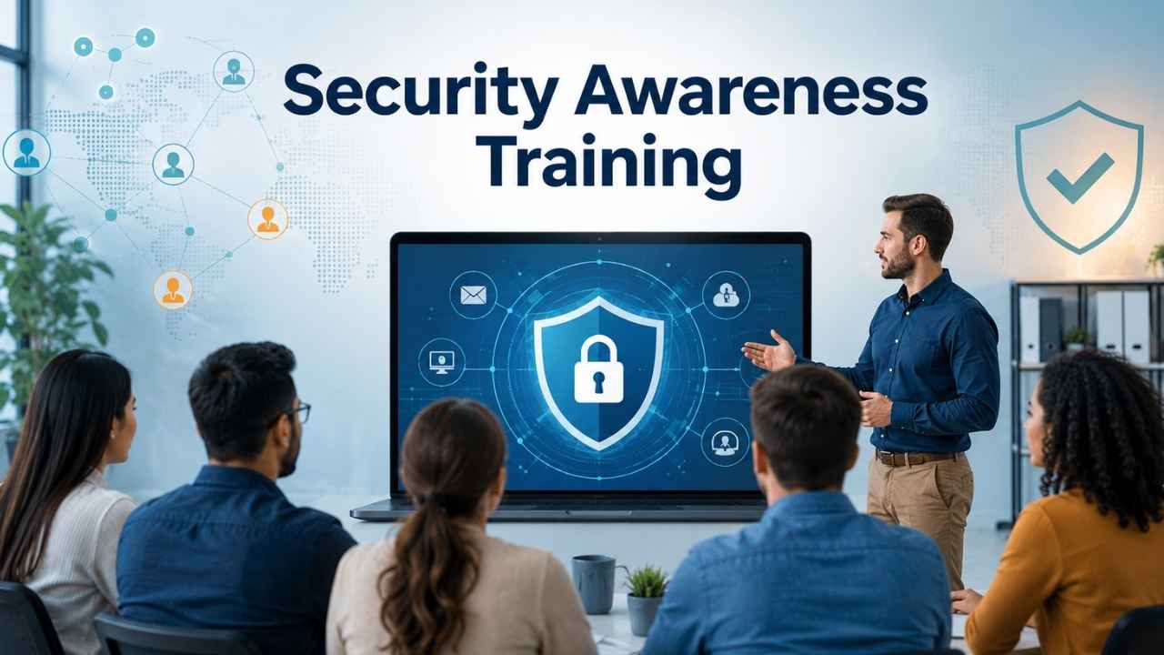 Security Awareness Training session showing employees learning cybersecurity practices with a digital shield and lock display.