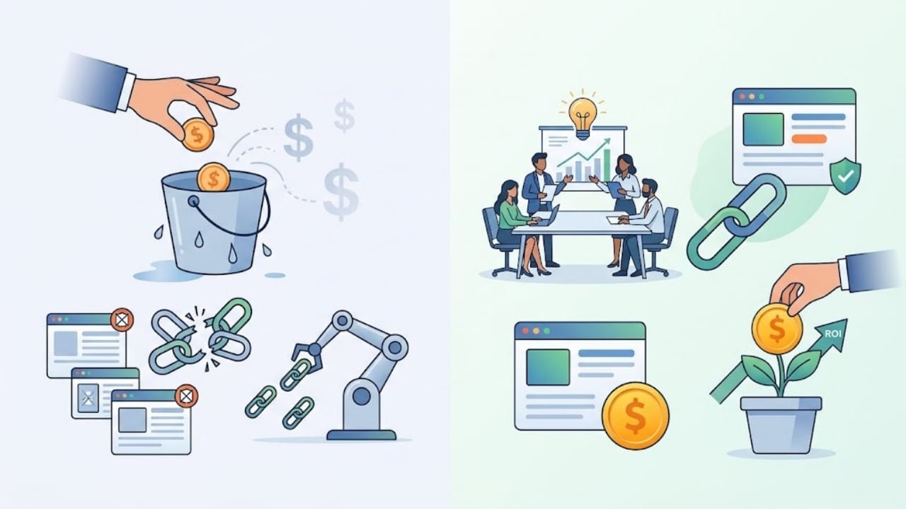 A side-by-side illustration exposing link building myths by contrasting budget lost on spammy backlinks with long-term SEO growth to help marketers protect their investment.